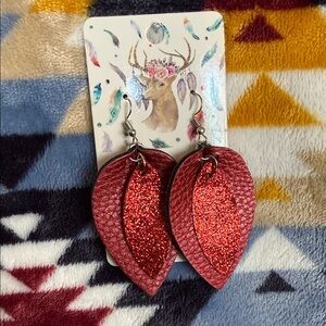 Elegant Red Glitter Leaf Earrings